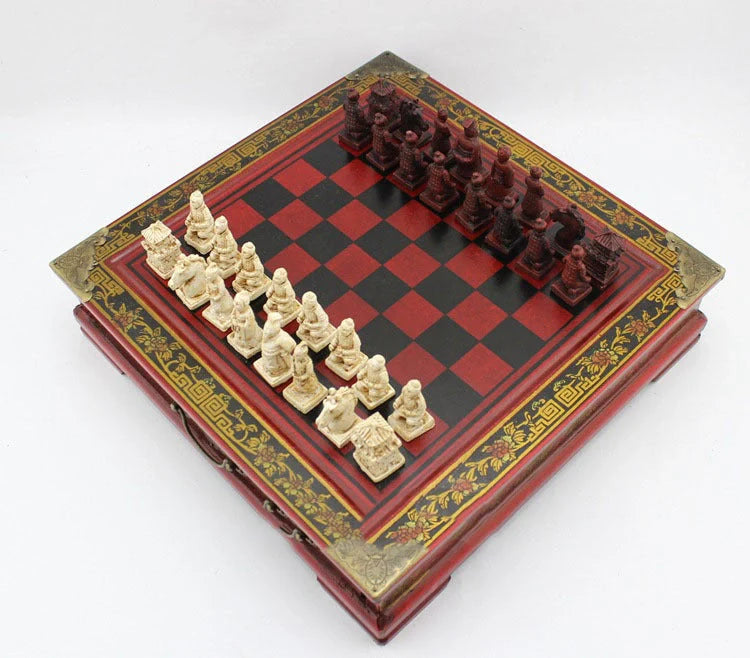 Handcrafted antique terracotta chess set with folding wooden board and polymer resin pieces