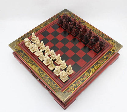 Handcrafted antique terracotta chess set with folding wooden board and polymer resin pieces