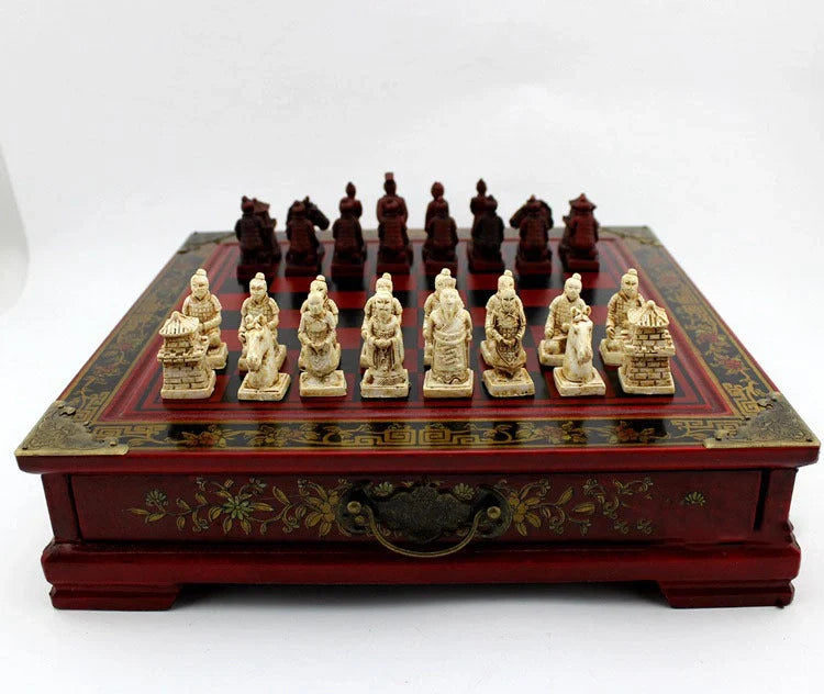 Handcrafted antique terracotta chess set with folding wooden board and polymer resin pieces