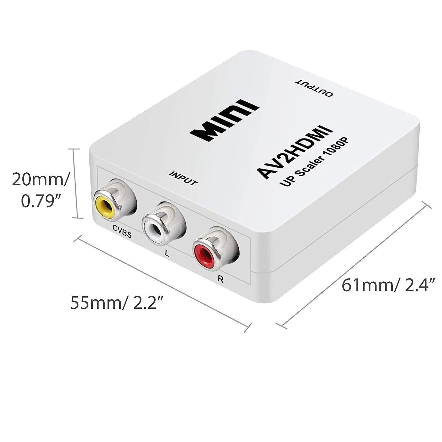 Small white AV to HDMI converter box with a short black HDMI cable attached.
