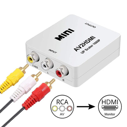 Small white AV to HDMI converter box with a short black HDMI cable attached.