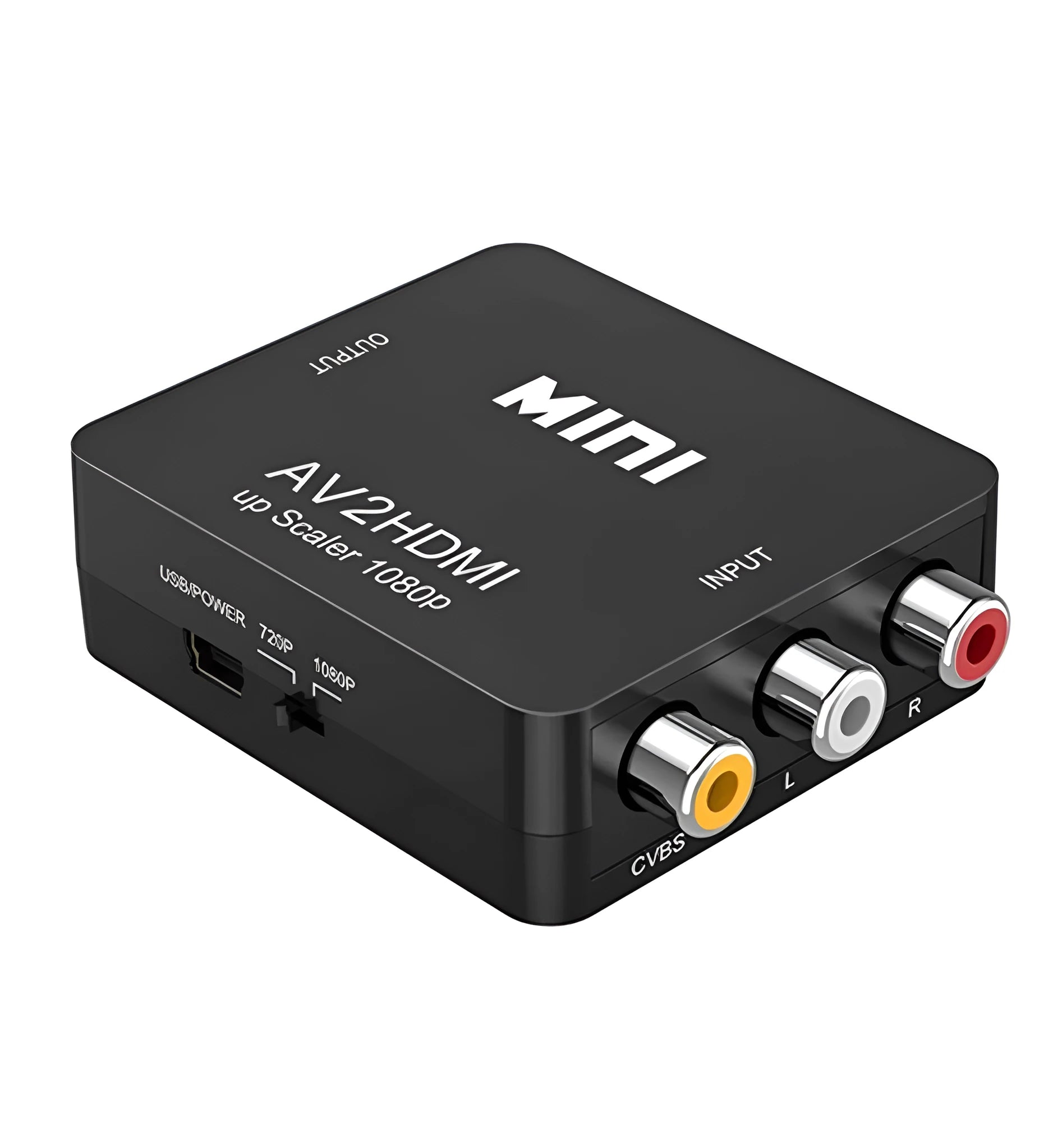 Small white AV to HDMI converter box with a short black HDMI cable attached.