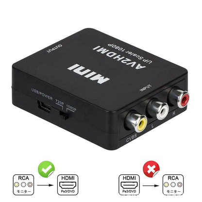 Small white AV to HDMI converter box with a short black HDMI cable attached.