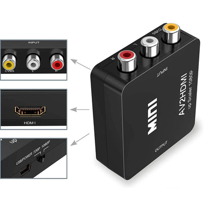 Small white AV to HDMI converter box with a short black HDMI cable attached.