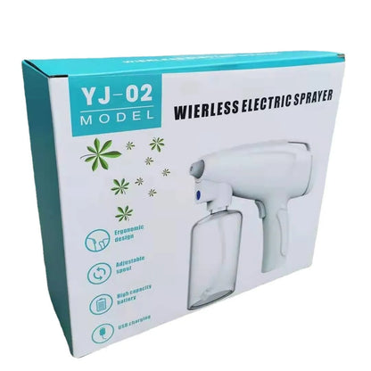 White handheld cordless electric spray disinfection gun with USB-C port and trigger, showing mist spray.