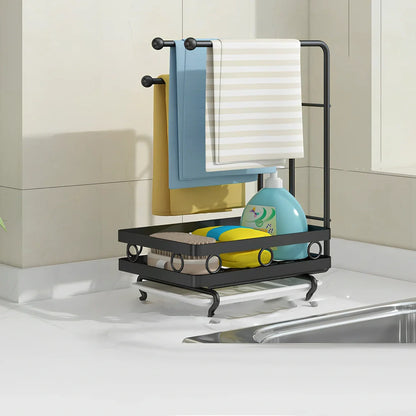 Retractable kitchen sink storage rack with multiple poles for rag organisation in black finish