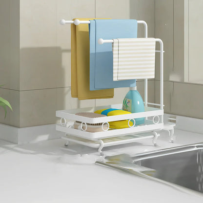 Retractable kitchen sink storage rack with multiple poles for rag organisation in black finish