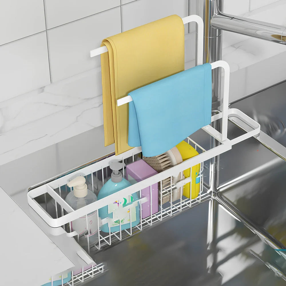 Retractable kitchen sink storage rack with multiple poles for rag organisation in black finish