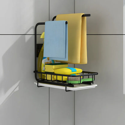 Retractable kitchen sink storage rack with multiple poles for rag organisation in black finish