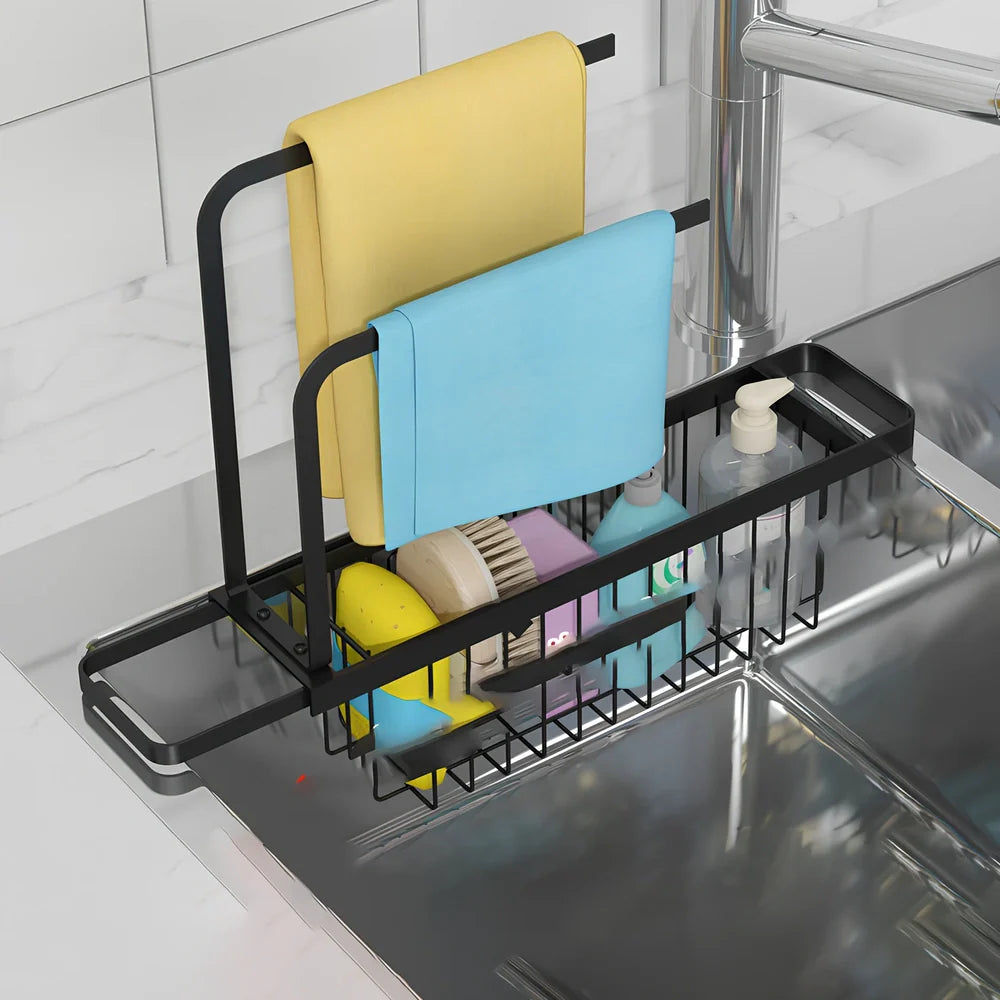 Retractable kitchen sink storage rack with multiple poles for rag organisation in black finish