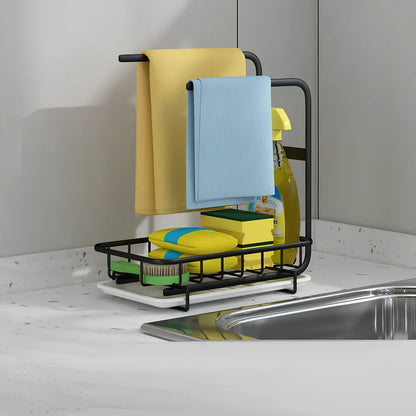 Retractable kitchen sink storage rack with multiple poles for rag organisation in black finish