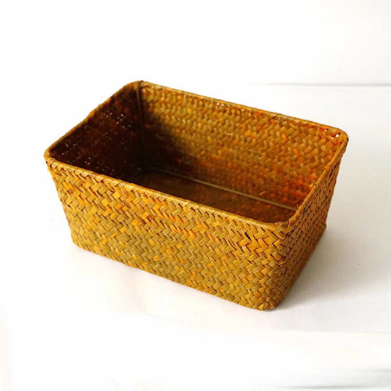 Natural straw desk storage box organiser for pens and cosmetics in brown colour