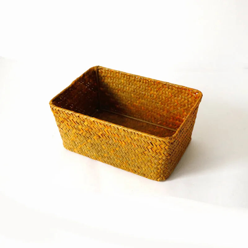 Natural straw desk storage box organiser for pens and cosmetics in brown colour