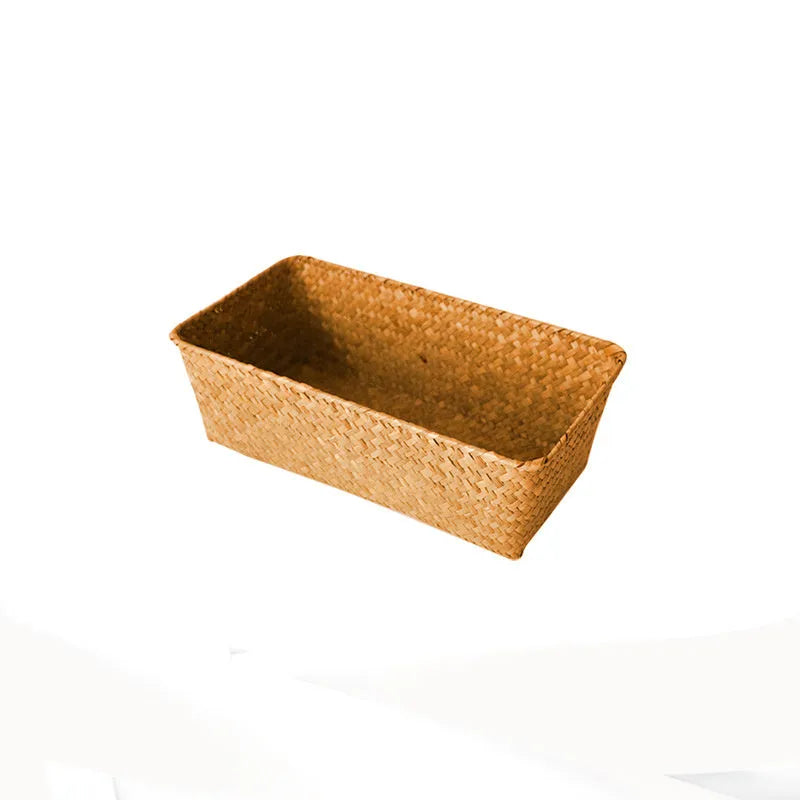 Straw desk storage box organiser for office pens and cosmetics in natural woven material available in brown or yellow with five size options from extra-large to small for practical living room storage