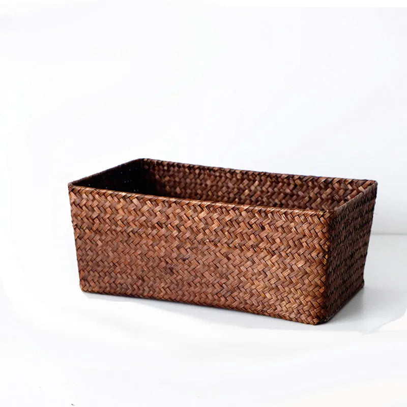 Natural straw desk storage box organiser for pens and cosmetics in brown colour