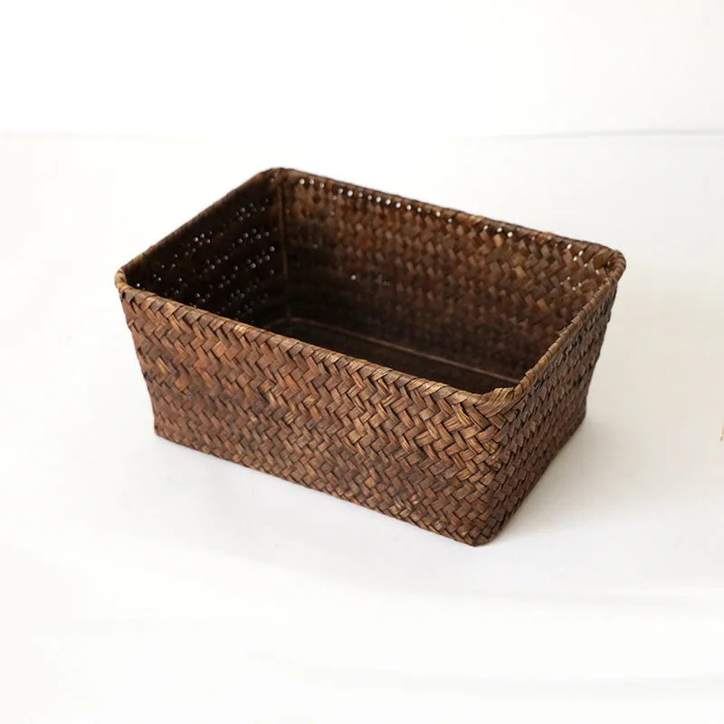 Natural straw desk storage box organiser for pens and cosmetics in brown colour