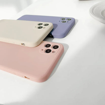 Solid colour silicone iPhone case in straight edge powder, slate blue and antique white options