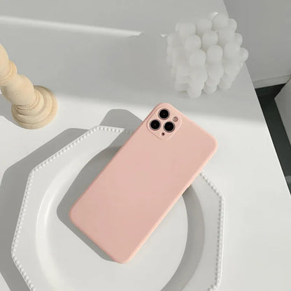 Solid colour silicone iPhone case in straight edge powder, slate blue and antique white options