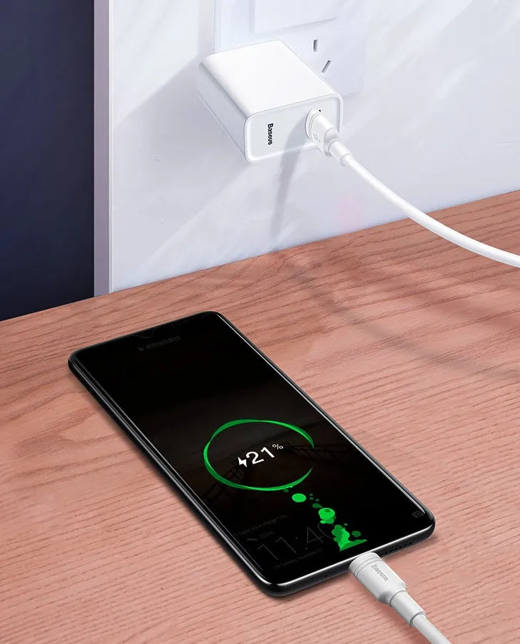 Baseus black and white Micro USB fast charge cables shown in 1 metre and 2 metre lengths.