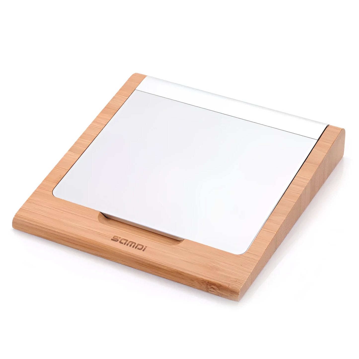 Bamboo wood Apple tablet bracket with integrated Bluetooth trackpad holder