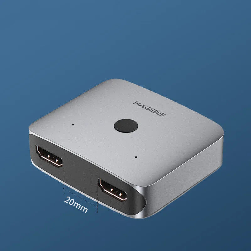 Grey Haibeisi HDMI switcher box with 2 input and 1 output ports for 4K video.