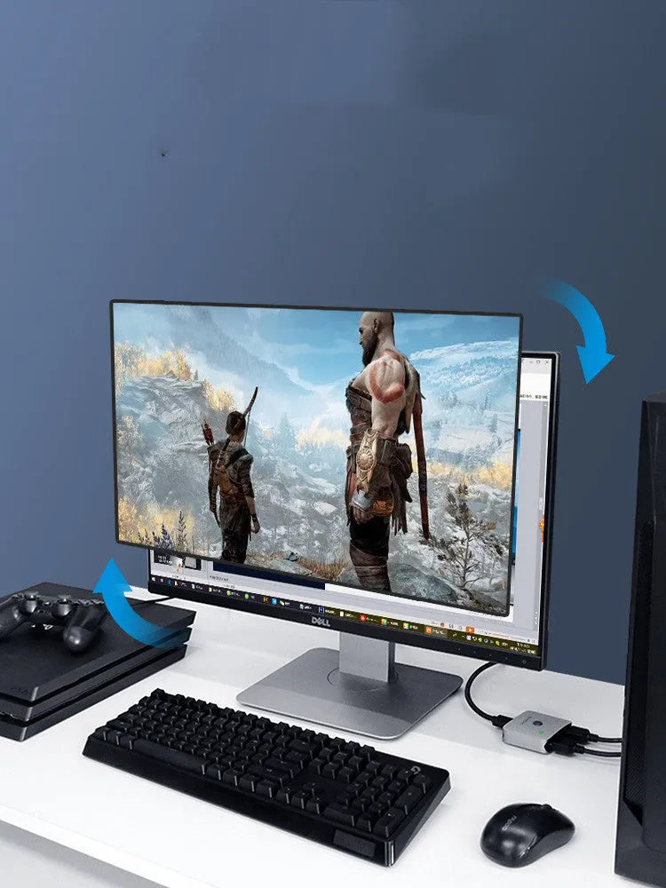 Grey Haibeisi HDMI switcher box with 2 input and 1 output ports for 4K video.