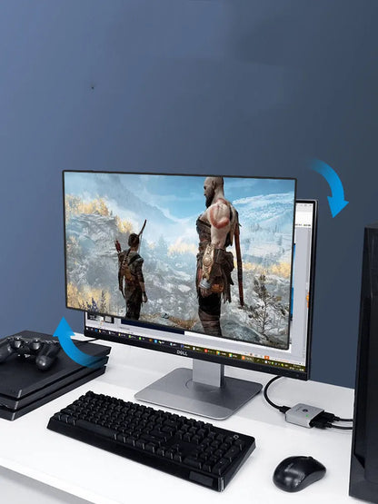 Grey Haibeisi HDMI switcher box with 2 input and 1 output ports for 4K video.