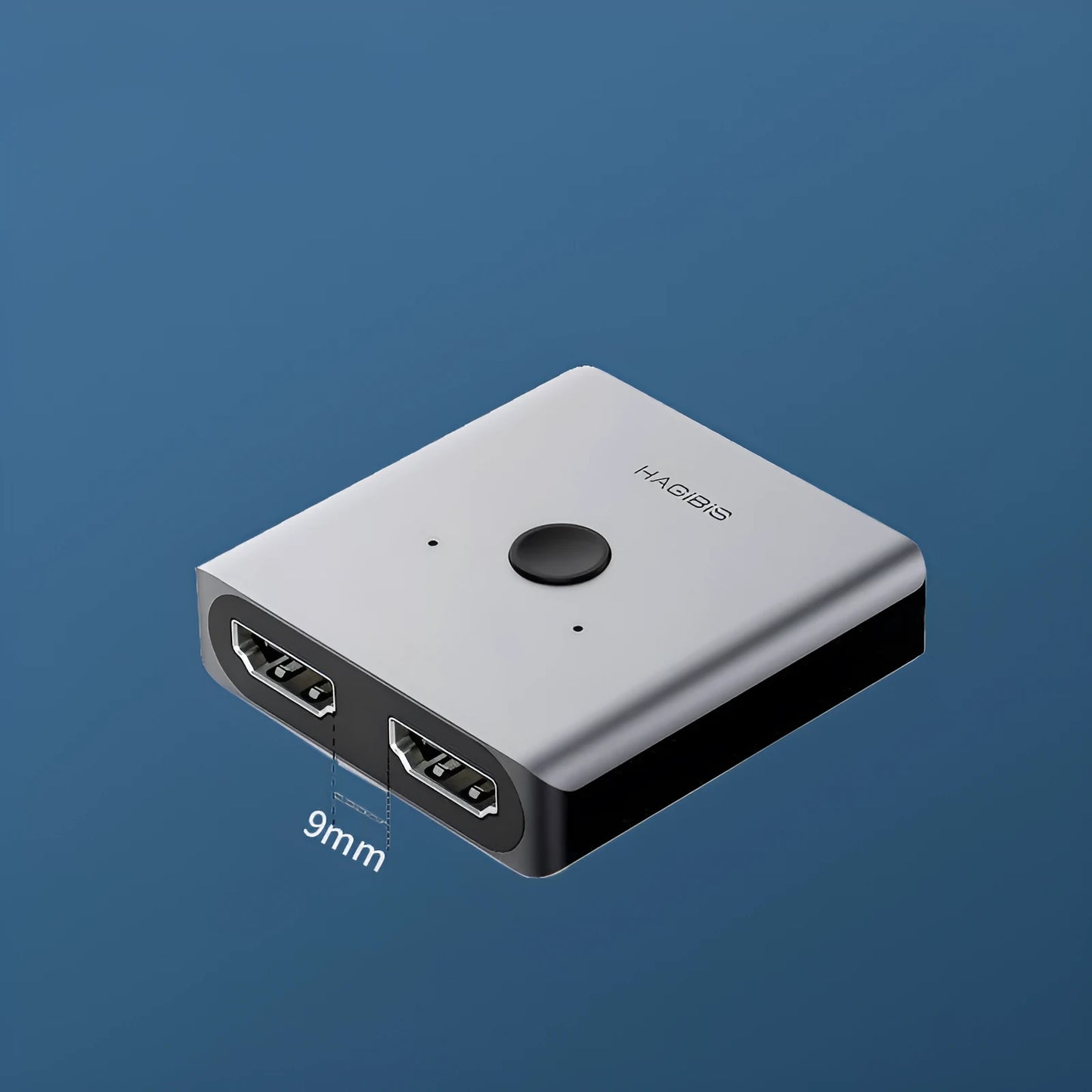 Grey Haibeisi HDMI switcher box with 2 input and 1 output ports for 4K video.