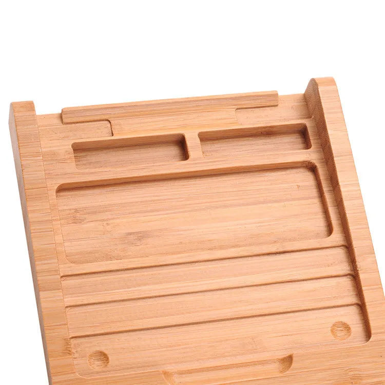 Apple Bluetooth tablet bracket with integrated trackpad holder made from bamboo wood, compatible with Apple tablets for hands-free touchpad use, measuring 15 x 15.8 x 2.5 cm in bamboo colour.