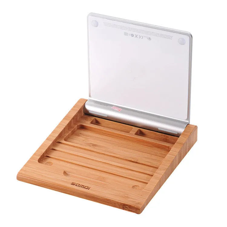 Bamboo wood Apple tablet bracket with integrated Bluetooth trackpad holder