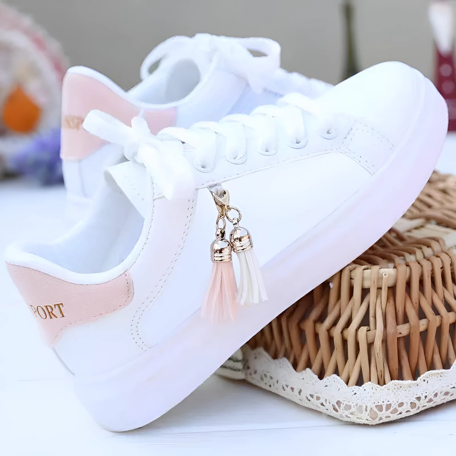 Women's white mesh fashion flat shoes with rubber sole in pink and black colour options.