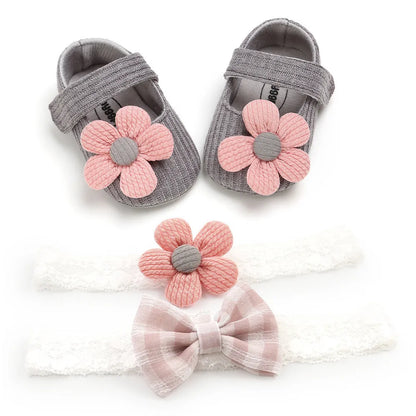 Soft-soled toddler shoes for girls in cotton, 11-13cm, with hook-and-loop strap and matching headband set.
