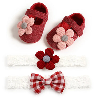 Soft-soled toddler shoes for girls in cotton, 11-13cm, with hook-and-loop strap and matching headband set.