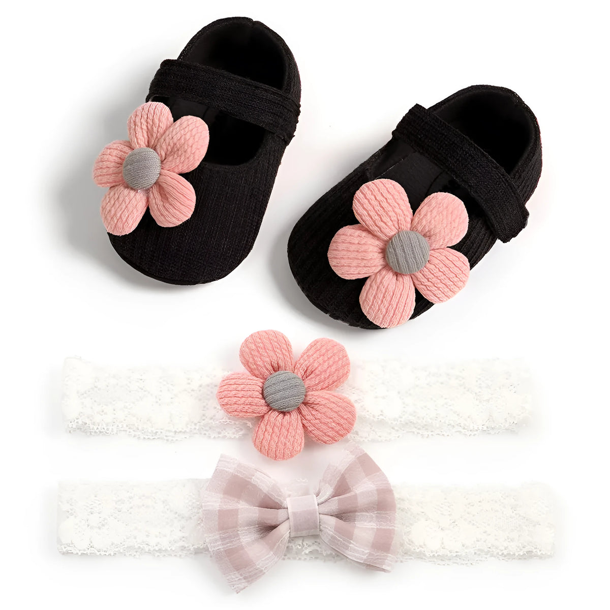 Soft-soled toddler shoes for girls in cotton, 11-13cm, with hook-and-loop strap and matching headband set.