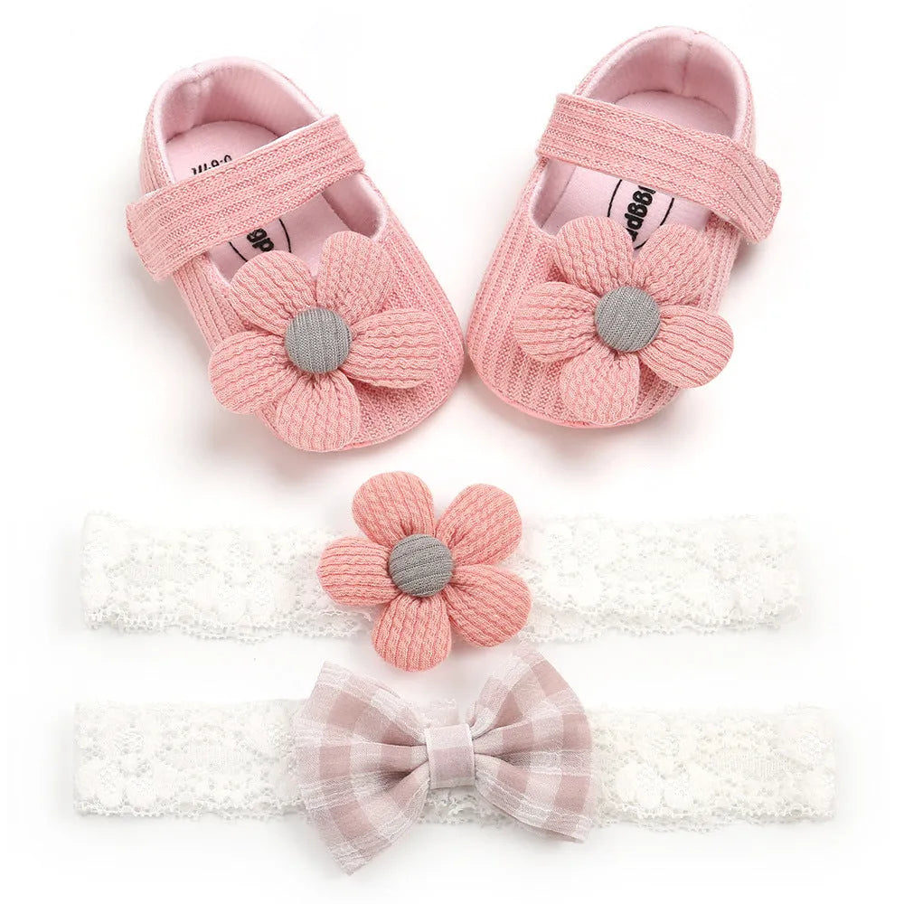 Soft-soled toddler shoes for girls in cotton, 11-13cm, with hook-and-loop strap and matching headband set.
