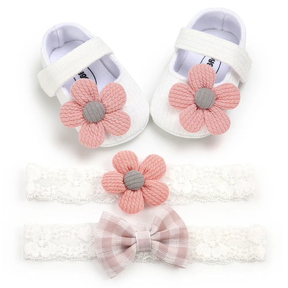 Soft-soled toddler shoes for girls in cotton, 11-13cm, with hook-and-loop strap and matching headband set.