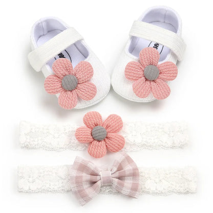 Soft-soled toddler shoes for girls in cotton, 11-13cm, with hook-and-loop strap and matching headband set.