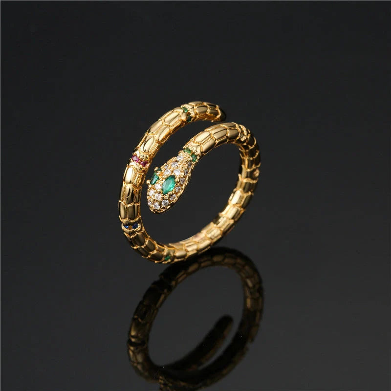 Adjustable gold-coloured snake ring with cubic zirconia stones for women