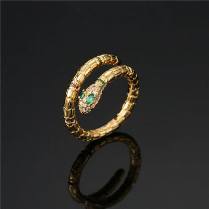 Adjustable gold-coloured snake ring with cubic zirconia stones for women