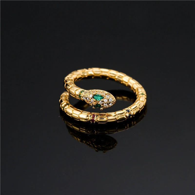 Adjustable gold-coloured snake ring with cubic zirconia stones for women