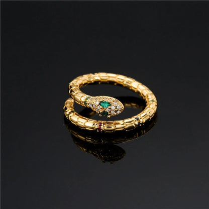 Adjustable gold-coloured snake ring with cubic zirconia stones for women