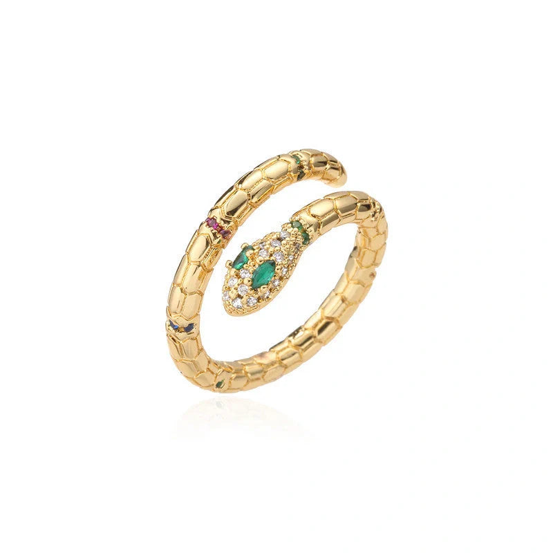 Adjustable gold-coloured snake ring with cubic zirconia stones for women