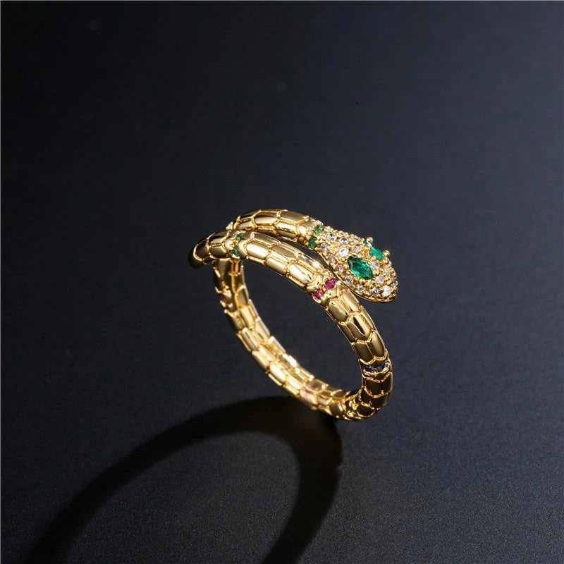Adjustable gold-coloured snake ring with cubic zirconia stones for women