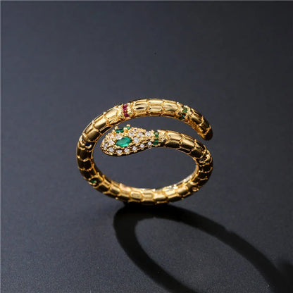 Adjustable gold-coloured snake ring with cubic zirconia stones for women