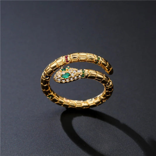 Adjustable gold-coloured snake ring with cubic zirconia stones for women