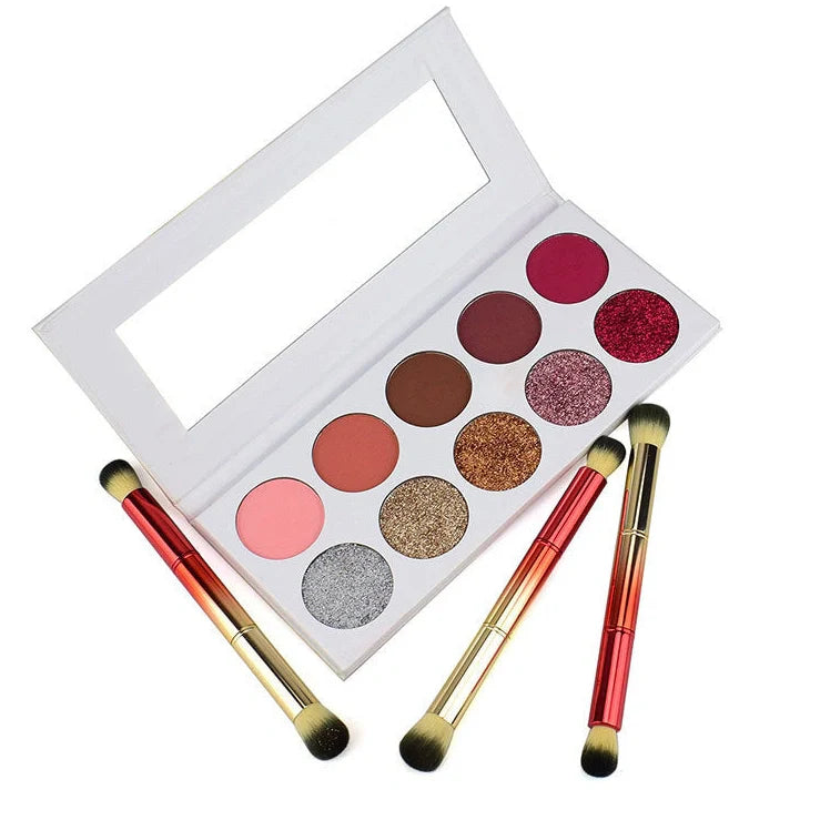 Eyeshadow palette showing 10 different colour shades in standard compact