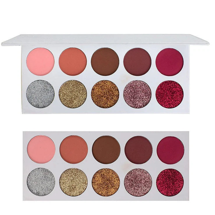 Eyeshadow palette showing 10 different colour shades in standard compact