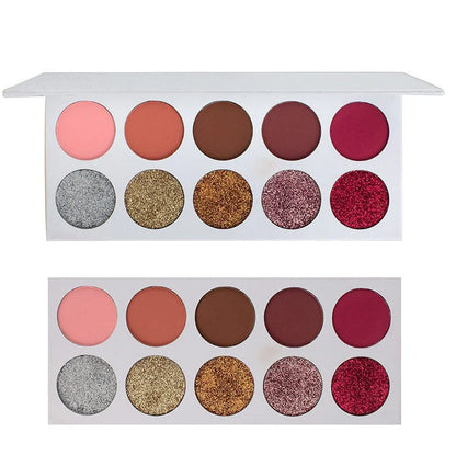 Eyeshadow palette showing 10 different colour shades in standard compact
