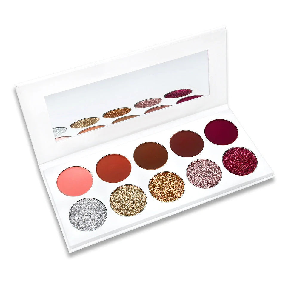 Eyeshadow palette showing 10 different colour shades in standard compact