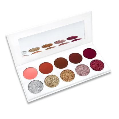Eyeshadow palette showing 10 different colour shades in standard compact